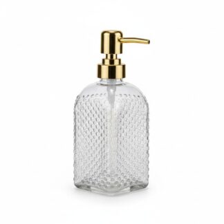 Essential Oils and Luxury Lotion Storage Solutions: Elegant 400ml Clear Vintage Embossed Bobble Glass Liquid Soap Dispenser, Rust-Proof Gold Pump, Refillable Hand Soap, Dish Soap,