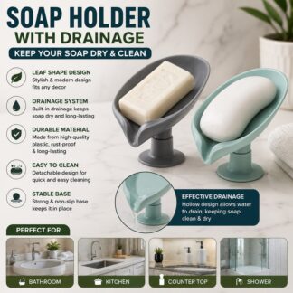 Soap Holder with Drainage,Soap Dish for Shower,Easy Cleaning Soap Box Container,Leaf Shape Soap Tray,Used in the Kitchen Bathroom and Counter Top