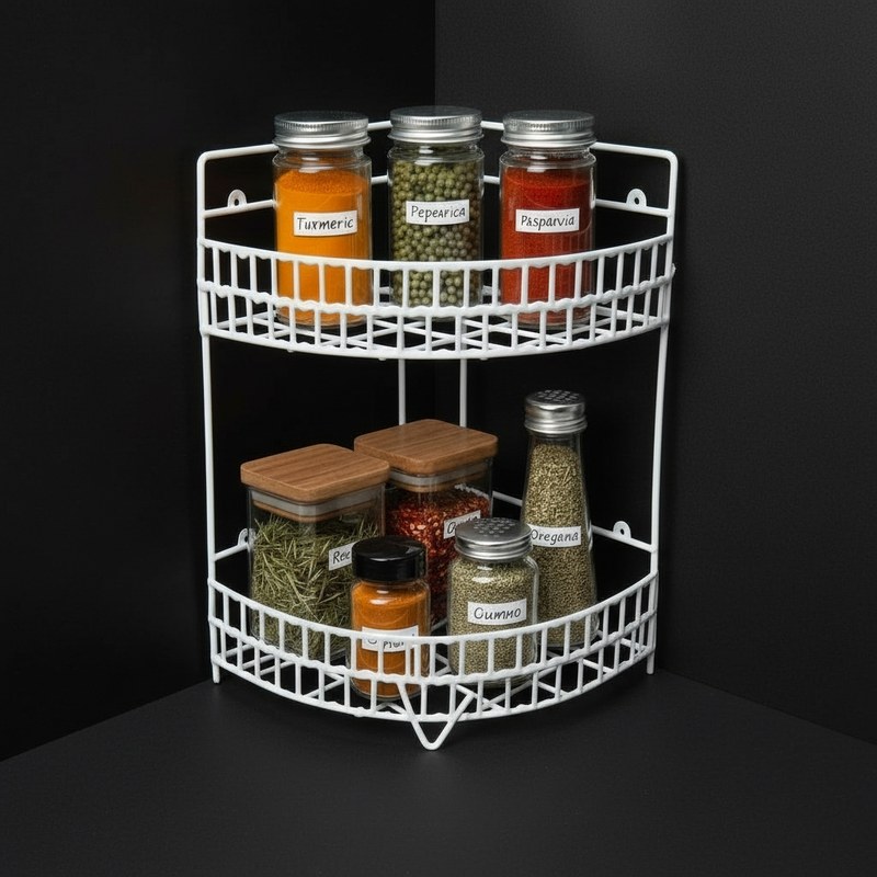 Rust-Resistant 2-Tier Metal Corner Shelf: Durable Space-Saving Organizer for Kitchen and Bathroom Essentials, Premium Multi-Tier Storage for Jars and Toiletries, Ideal for Neat and