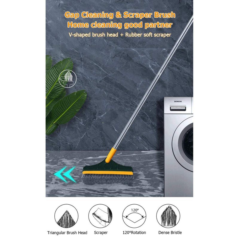 2 In 1 Bathroom Long Handle Brush Bristles Floor Ceramic Tile Wall Seam Scrub Toilet Bath Cleaning Tools Hard-bristled Triangular Head Scraper Rotate Cleaning Brush