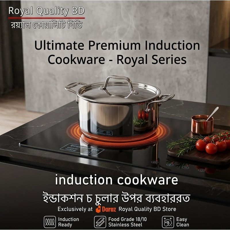 Royal Quality BD Premium Stainless Steel Induction Stockpot - Mirror Finish Energy Efficient Cookware - 100% Food Grade (Export Quality)