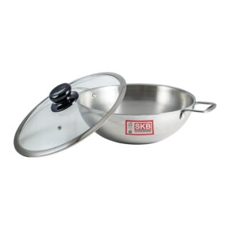SKB SuS304 Food grade Stainless steel 3 Layer Wok With Glass Lid