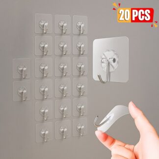 Transparent Self Adhesive 20pcs Hanger Hooks Heavy Duty Wall Hooks for Kitchen Bathroom Bedroom Office Home Organization