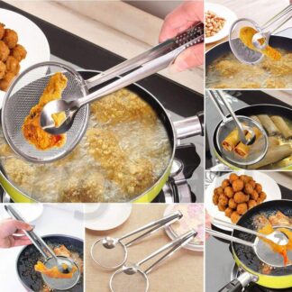 2In1 Stainless Steel Filter Spoon With Clip Food Kitchen Oil-frying Multi-functional BBQ Filter Clamp Strainer Kitchen Tools (Oil Filter Tongs) - Kitchen Accessories